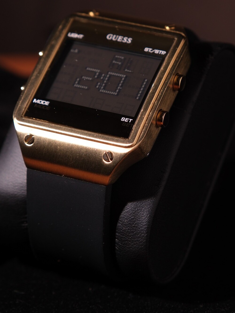 Guess Radar W0595G3 Gold Tone Digital Watch Black Silicone Strap
